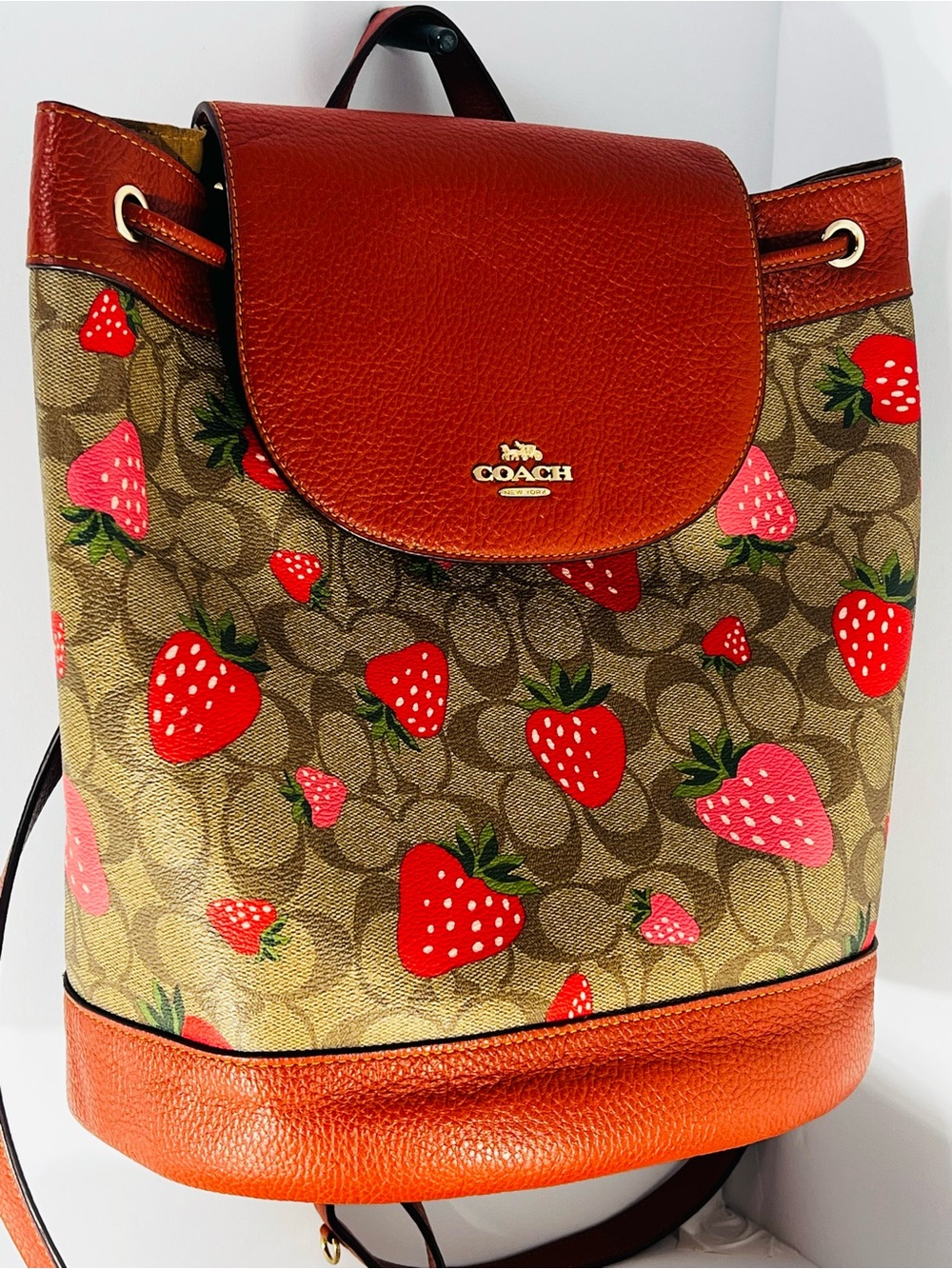 Coach Strawberry Print Signature Backpack with Wallet & Card Case - Red/Tan - Picture 4 of 16